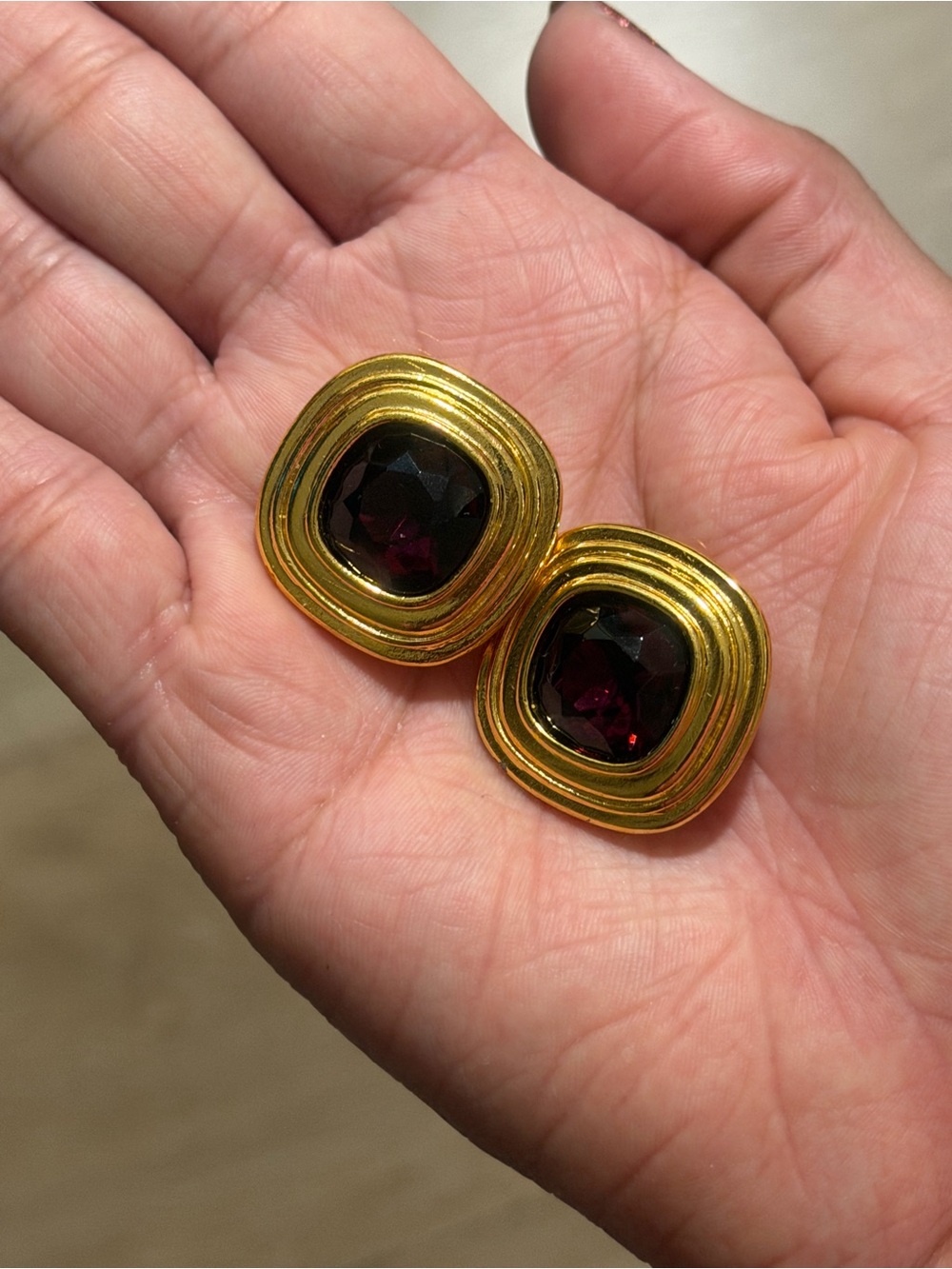 Vintage Givenchy Gold Tone Earrings with Deep Red Stones
